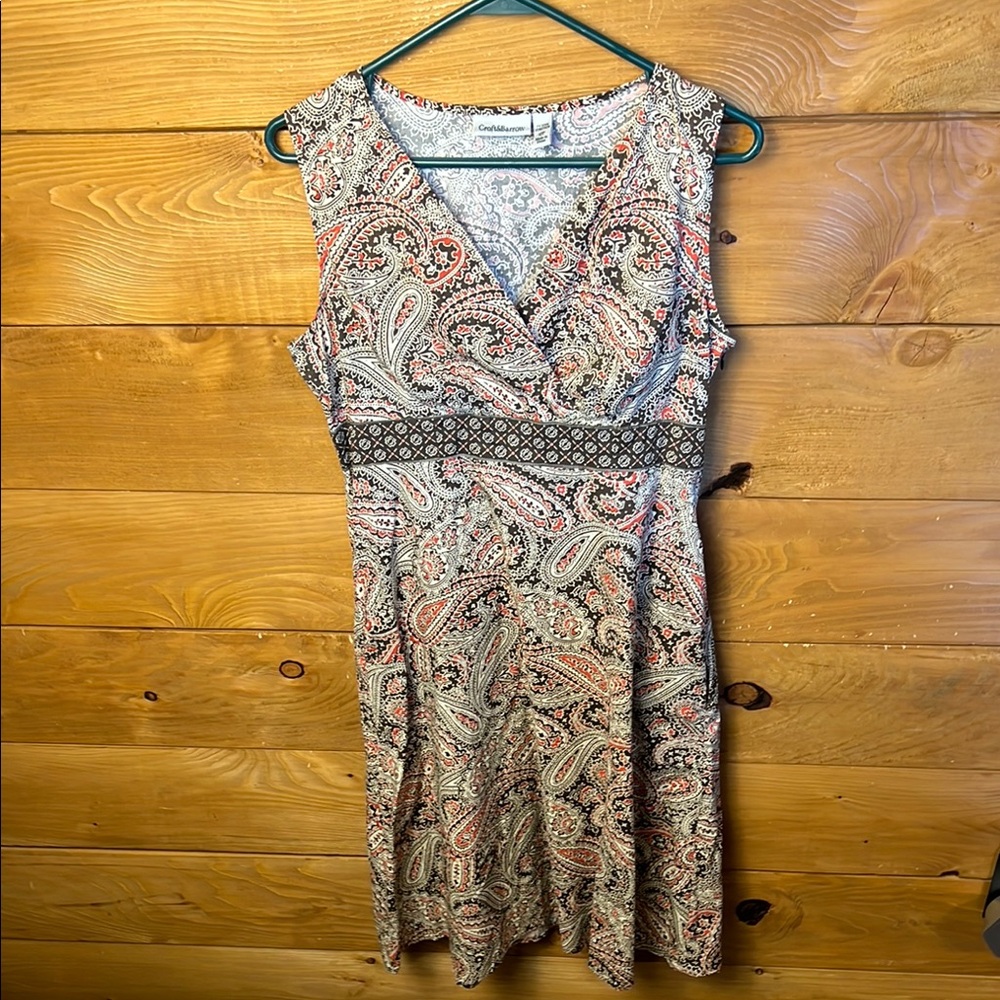 Croft & Barrow Women brown paisley A-line dress stretchy lightweight 12P Pockets